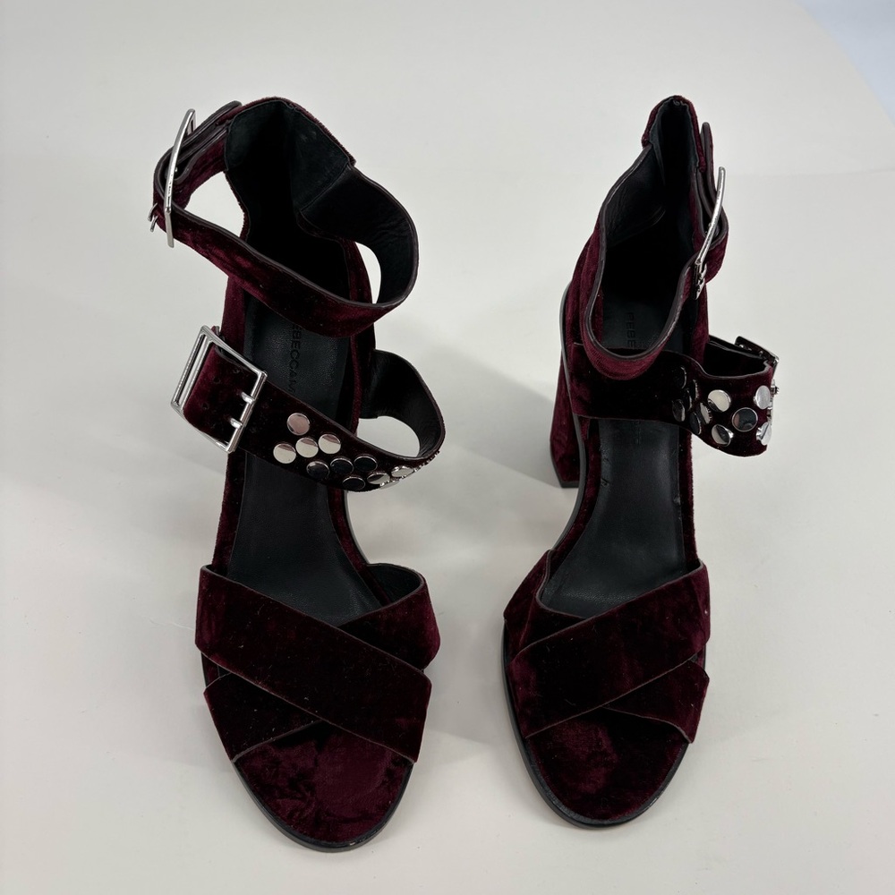 Rebecca Minkoff Jennifer Merlot Velvet Strappy Studded Heels - Picture 8 of 9